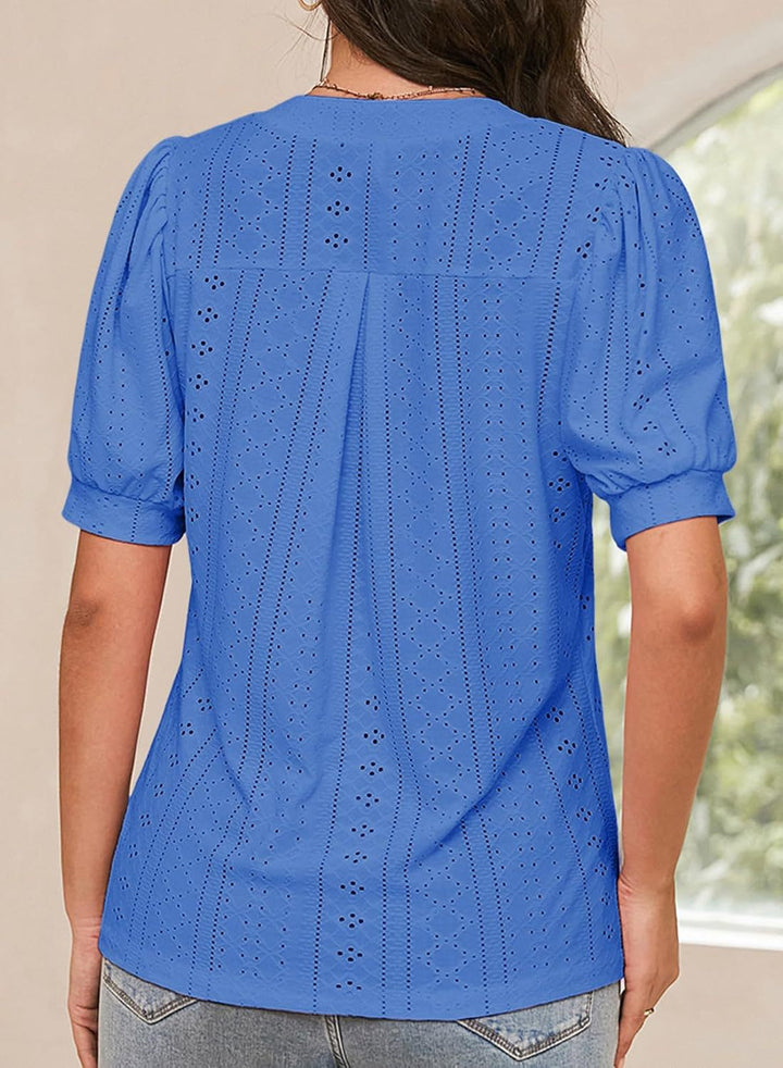 Eyelet Puff Sleeve Split Neck Blouse