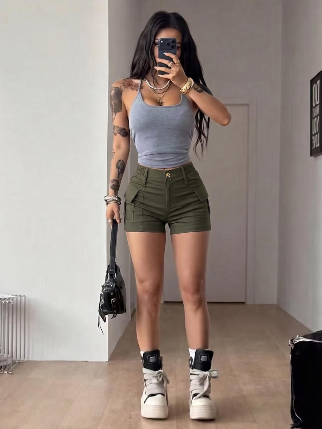 High Waist Cargo Shorts With Elastic Back Waist