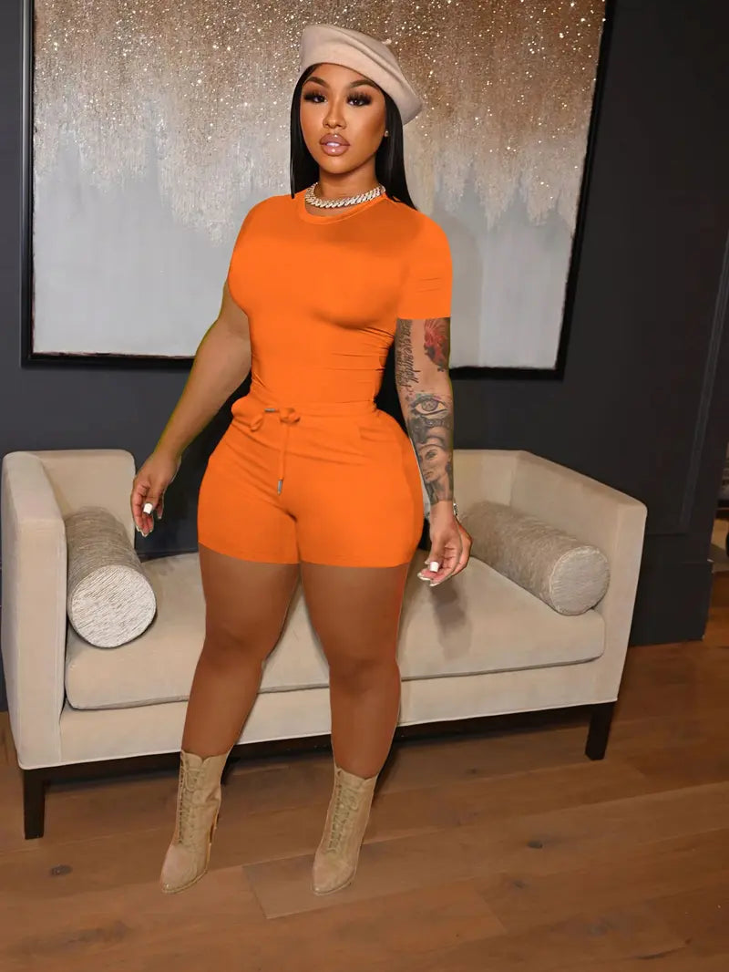 Short Sleeve Top Drawstring Biker Shorts Two-Piece Set