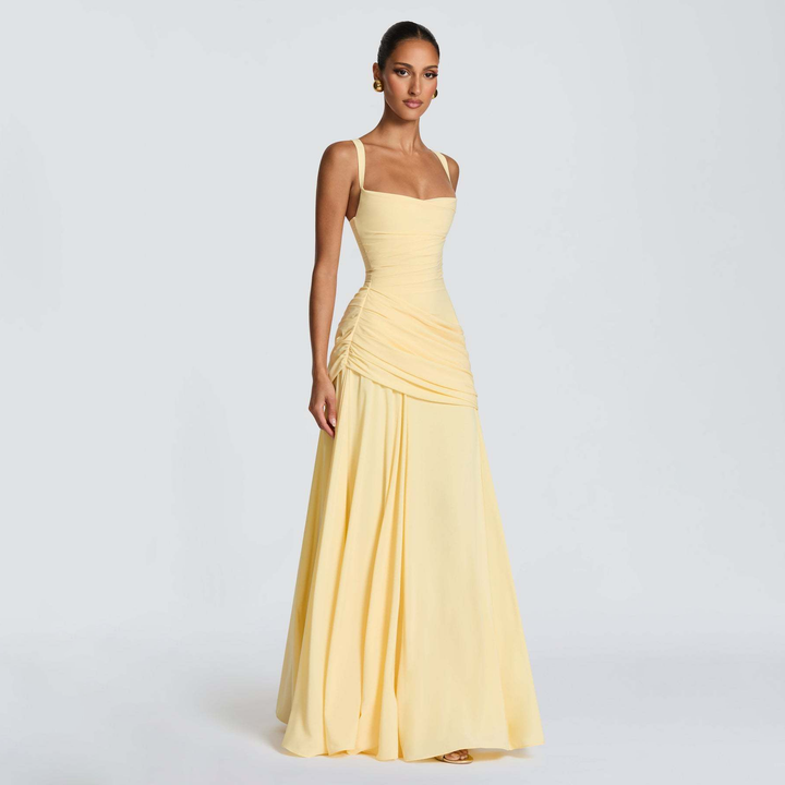 Minimalist Square Neck Ruched Waist Floor Gown