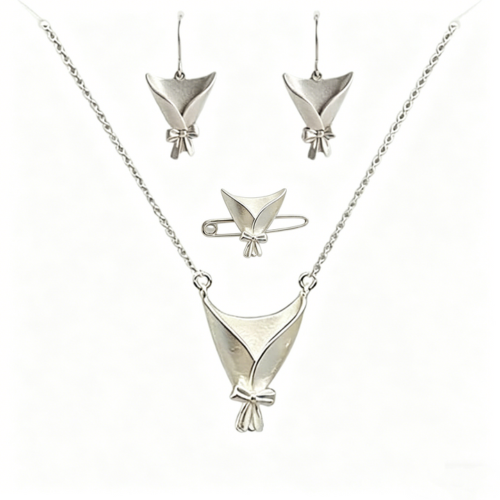 Sterling Silver Flower Bouquet Jewelry Set | Necklace Earrings &amp;amp; Brooch Matte Finish