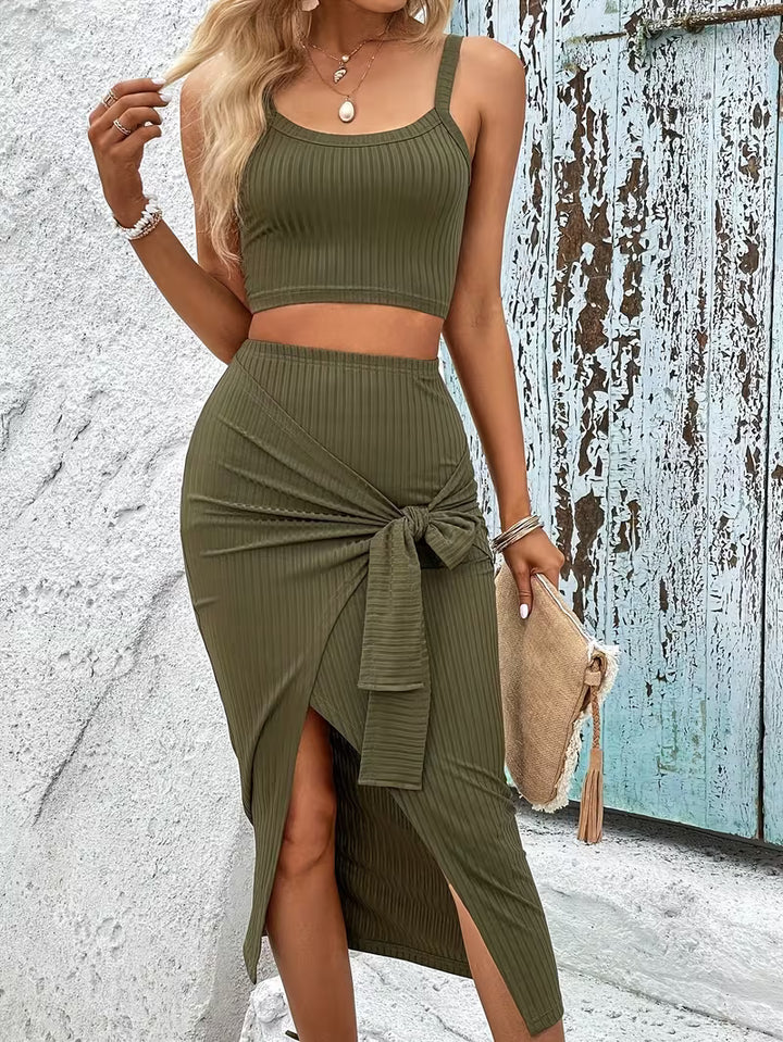 Olive Green Ribbed Crop Top &amp;amp; Wrap Midi Skirt Two-Piece Set