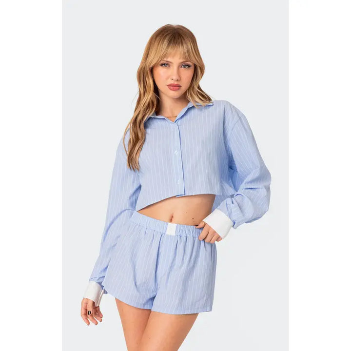 Striped Cropped Button-Down Shirt &amp;amp; Elastic Waist Shorts 2-Piece Set