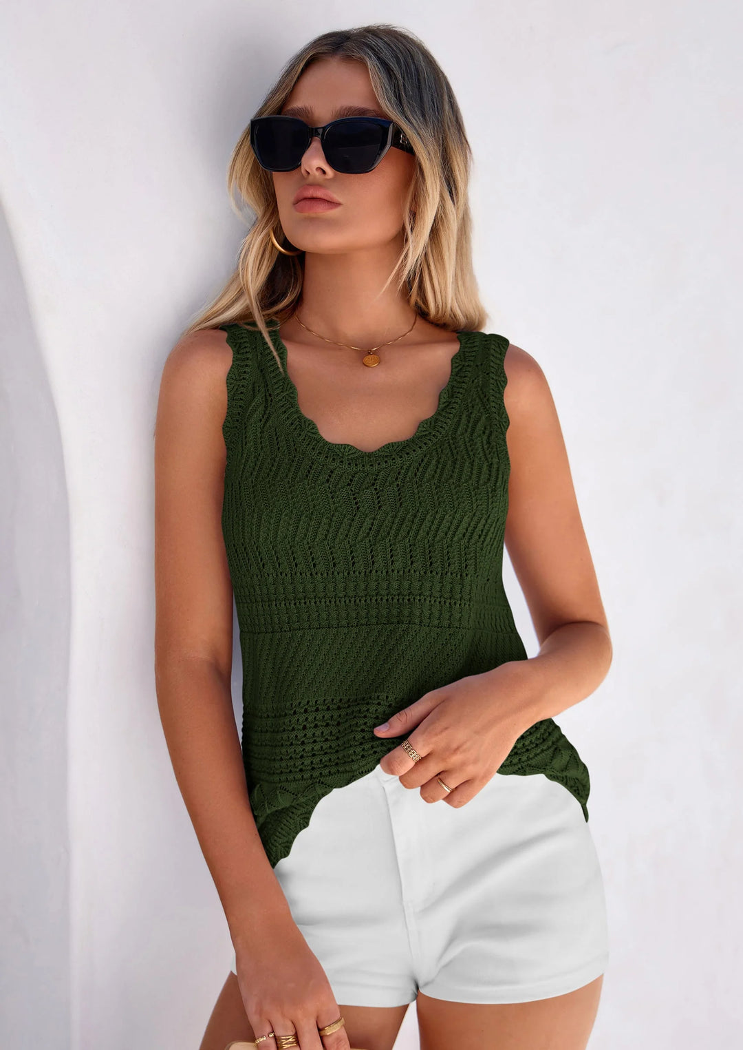 Scallop-Trim Crochet Knit Tank Top | Bohemian Chic Textured Summer Cami
