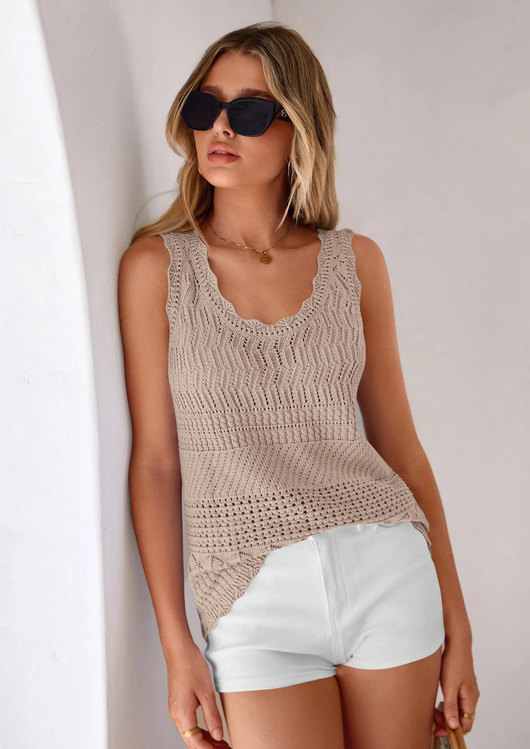 Scallop-Trim Crochet Knit Tank Top | Bohemian Chic Textured Summer Cami
