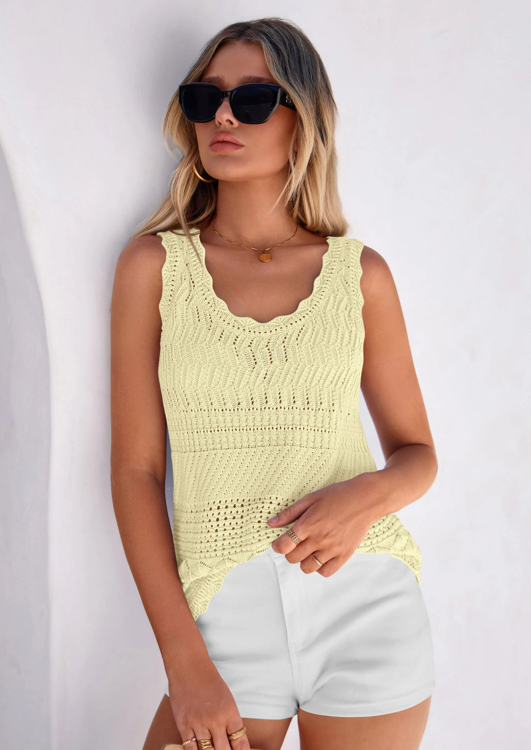 Scallop-Trim Crochet Knit Tank Top | Bohemian Chic Textured Summer Cami