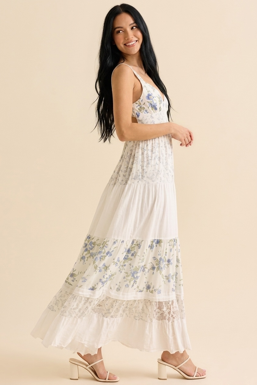 Spaghetti Strap V-Neck Lace Panel Floral Maxi Dress |  Ditsy Print Tiered A-Line Gown