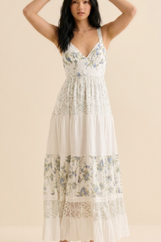 Spaghetti Strap V-Neck Lace Panel Floral Maxi Dress |  Ditsy Print Tiered A-Line Gown