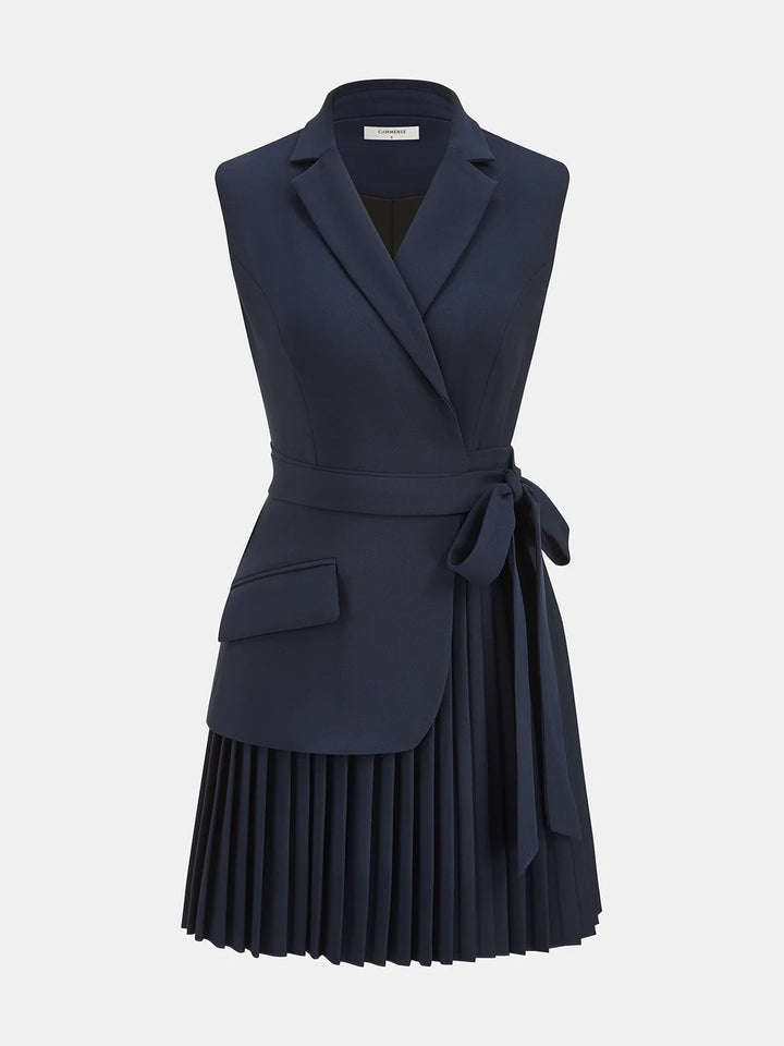 Sleeveless Blazer Dress with Pleated Skirt | Belted Tailored Mini Dress for Women