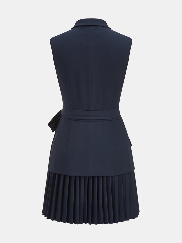 Sleeveless Blazer Dress with Pleated Skirt | Belted Tailored Mini Dress for Women