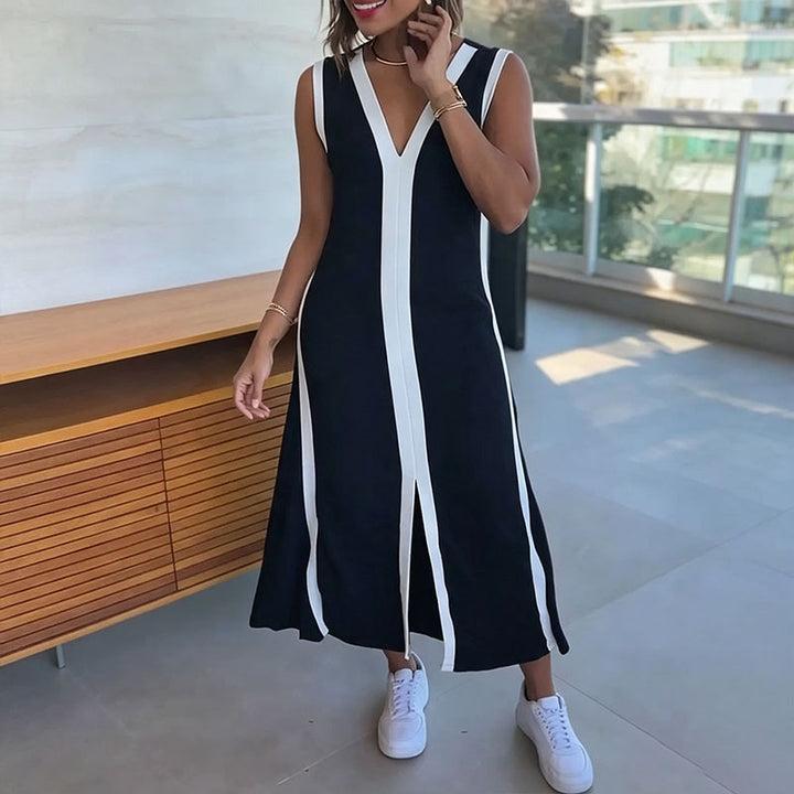 V-neck striped sleeveless slit dress