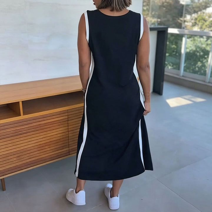 V-neck striped sleeveless slit dress