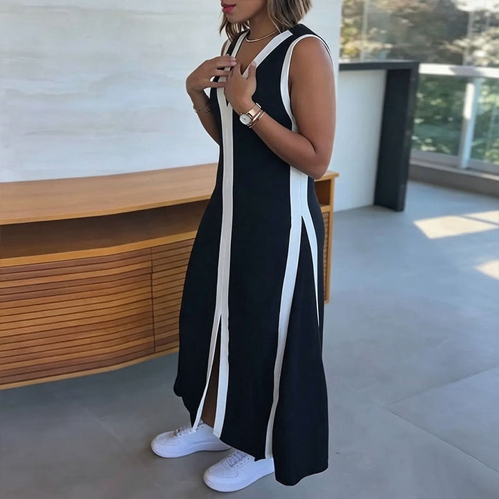 V-neck striped sleeveless slit dress