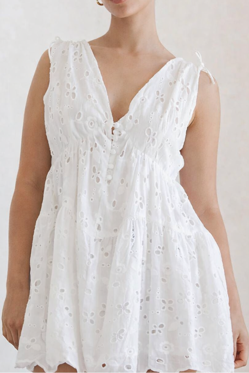 V-Neck Tie Strap Eyelet Embroidery Mini Dress | White Broderie Anglaise A-Line Babydoll