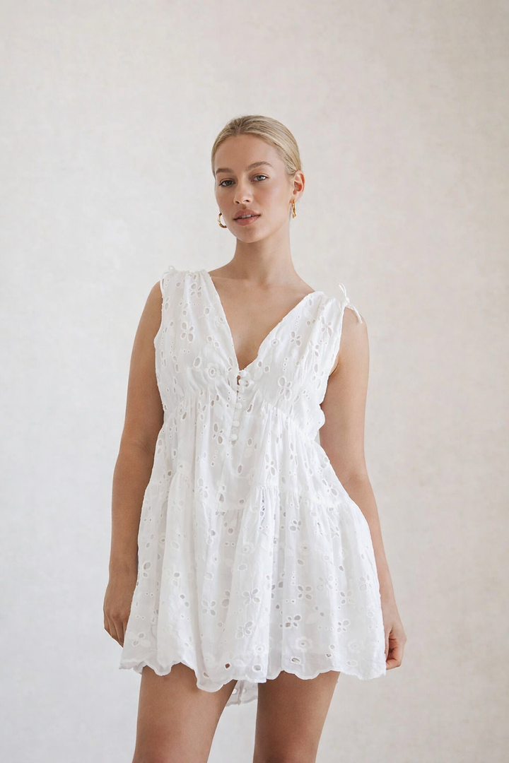 V-Neck Tie Strap Eyelet Embroidery Mini Dress | White Broderie Anglaise A-Line Babydoll