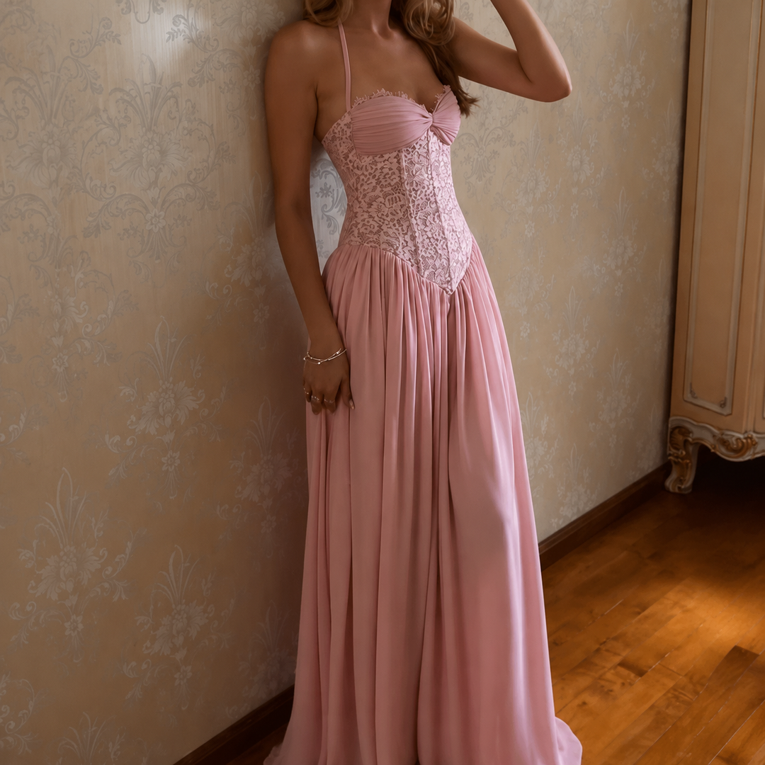 Halter Lace Corset Flowy Floor Length Evening Gown