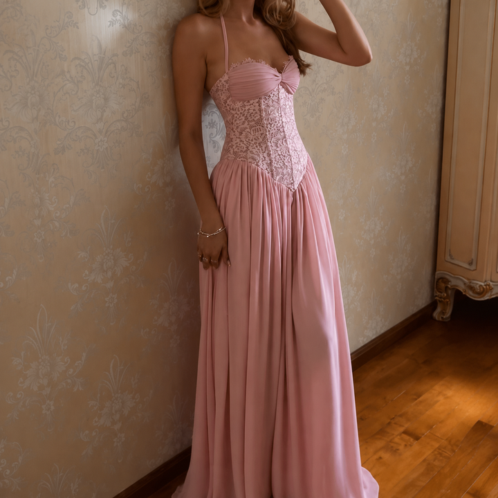 Halter Lace Corset Flowy Floor Length Evening Gown