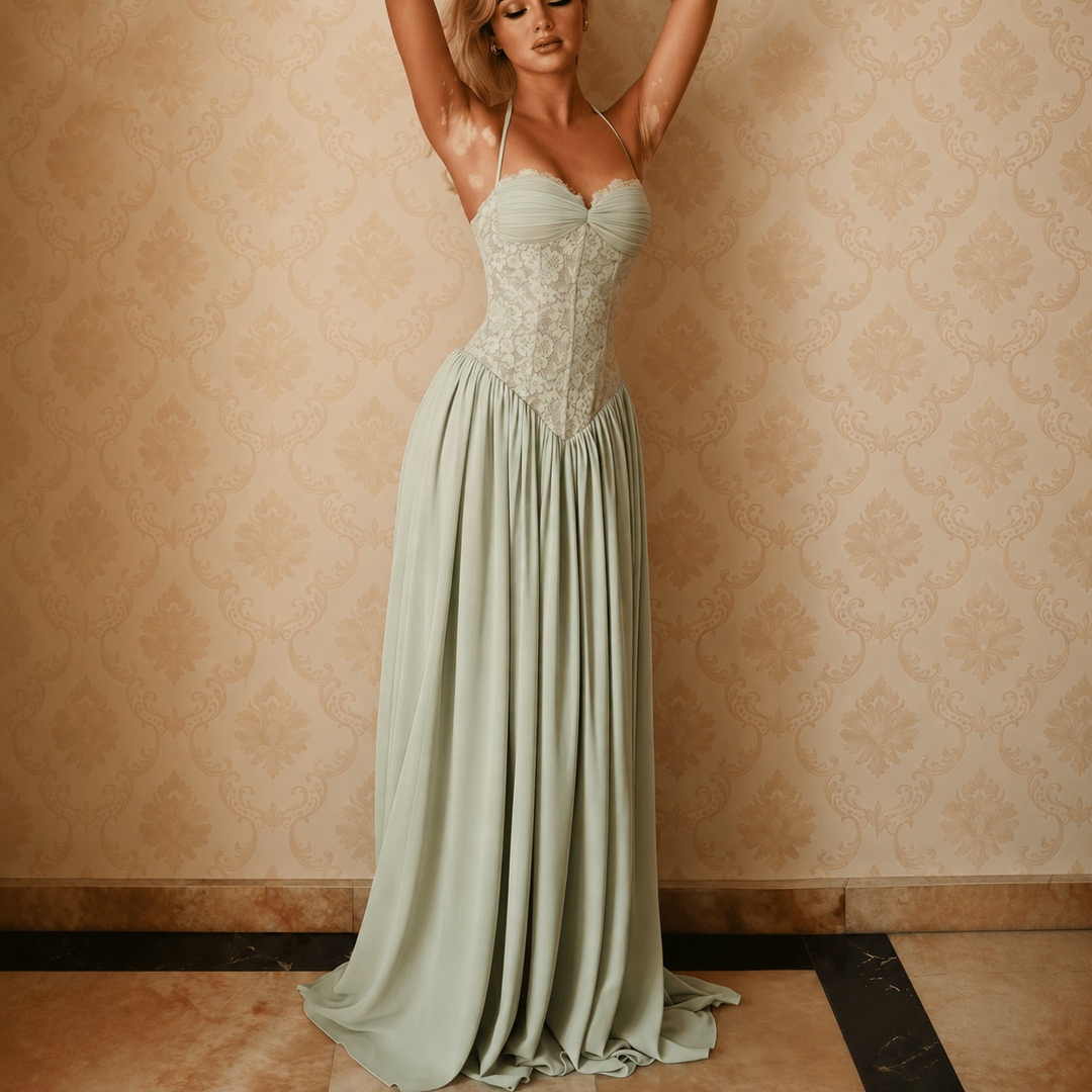 Halter Lace Corset Flowy Floor Length Evening Gown
