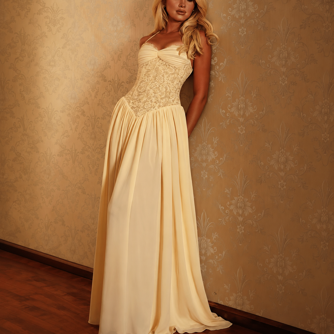 Halter Lace Corset Flowy Floor Length Evening Gown