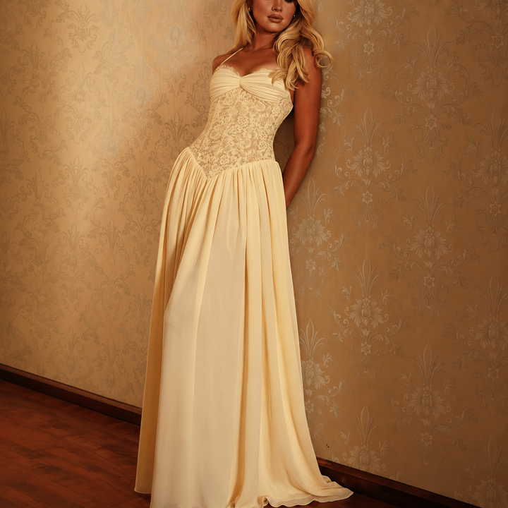 Halter Lace Corset Flowy Floor Length Evening Gown