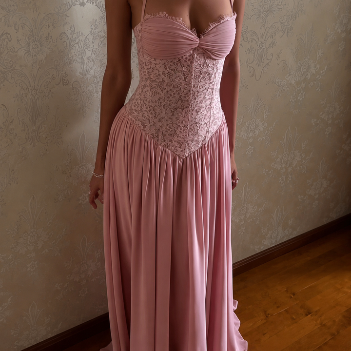 Halter Lace Corset Flowy Floor Length Evening Gown