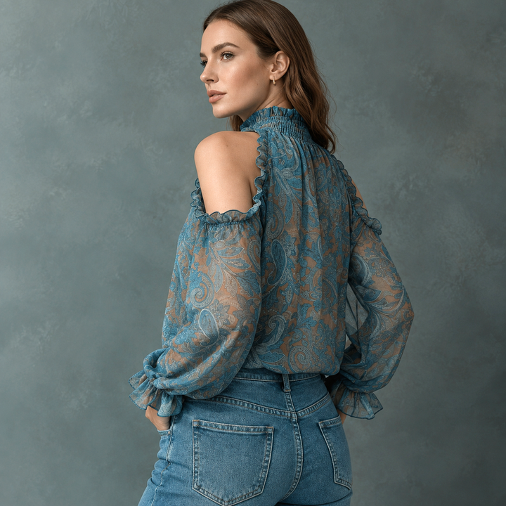 Cold Shoulder Ruffle High Neck Blouse