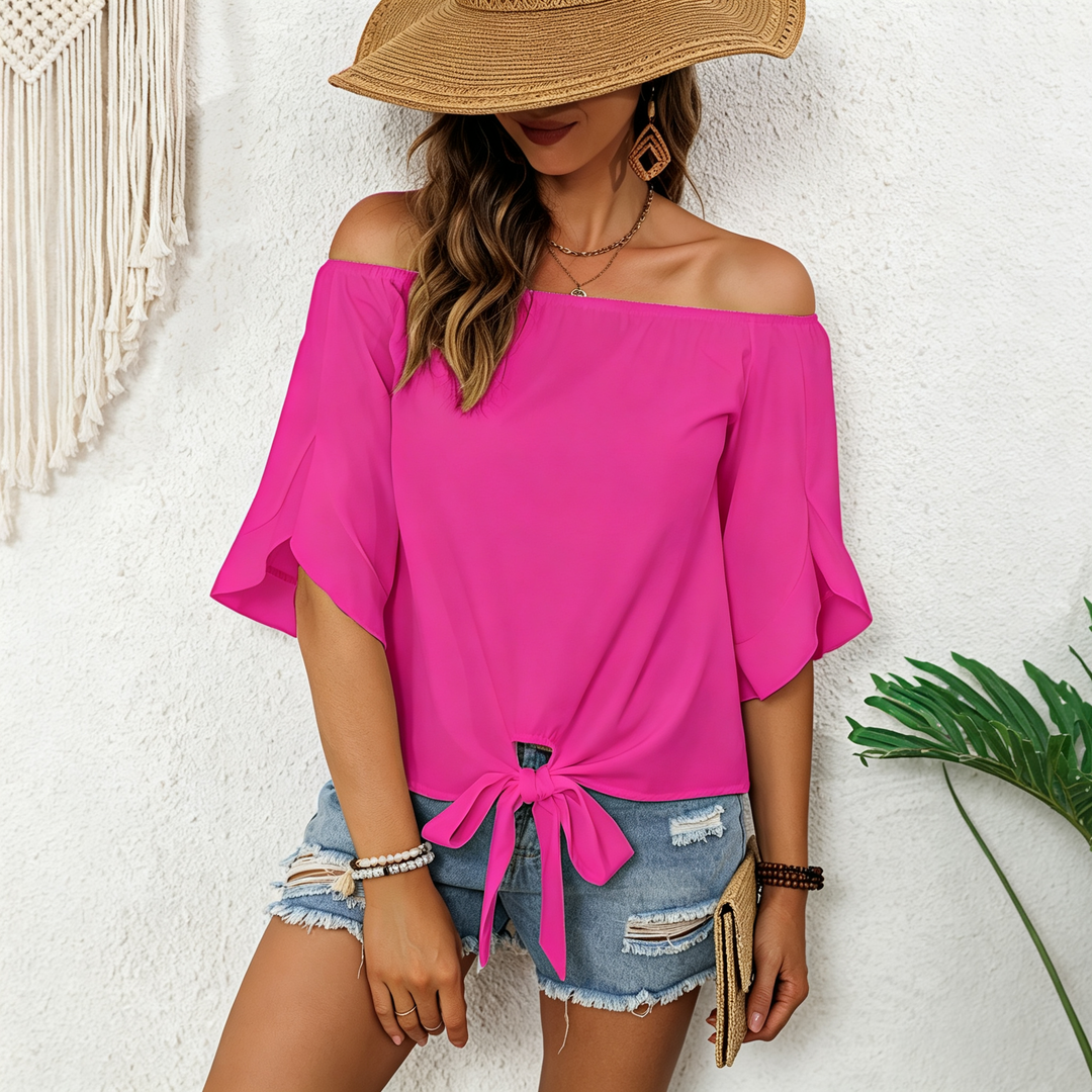 Loose Off Shoulder Ruffle Sleeve Self Tie Holiday Blouse