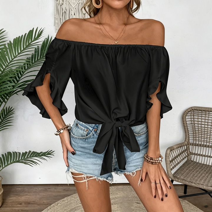 Loose Off Shoulder Ruffle Sleeve Self Tie Holiday Blouse