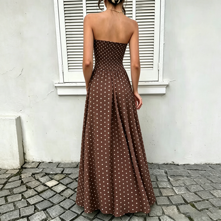 Retro Polka Dot Strapless Ruched Flowy Long Dress