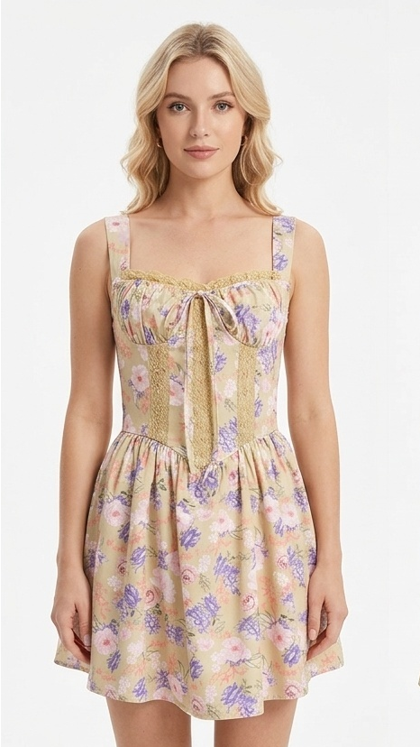 Square Neck Ruched Bust Lace-Up Corset Mini Dress | A-Line Babydoll