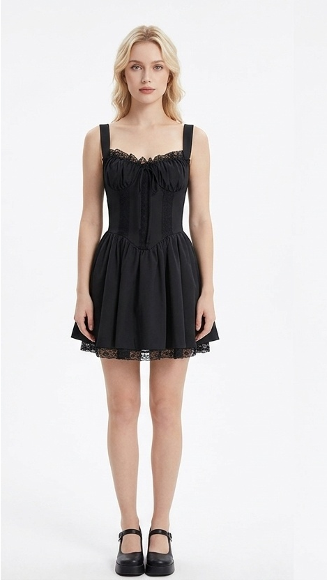 Square Neck Ruched Bust Lace-Up Corset Mini Dress | A-Line Babydoll