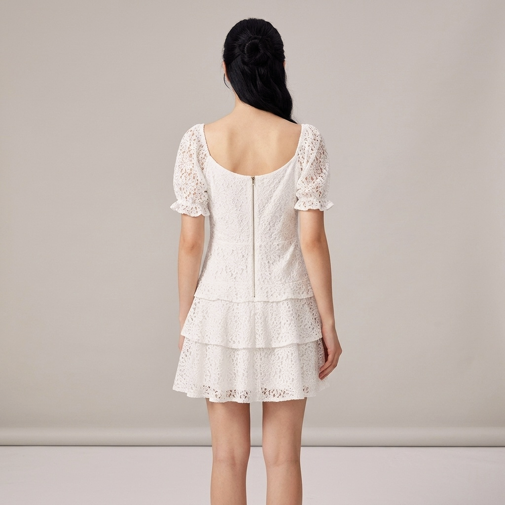 V-Neck Puff Sleeve Tie Lace Tiered Mini Dress | White Broderie Anglaise Babydoll