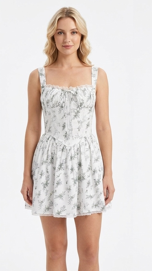 Square Neck Ruched Bust Lace-Up Corset Mini Dress | A-Line Babydoll