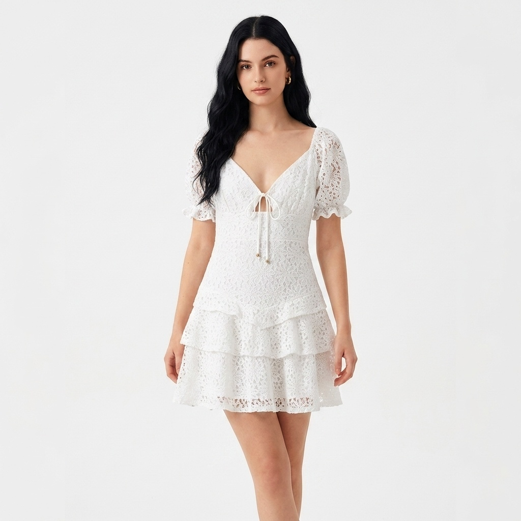 V-Neck Puff Sleeve Tie Lace Tiered Mini Dress | White Broderie Anglaise Babydoll