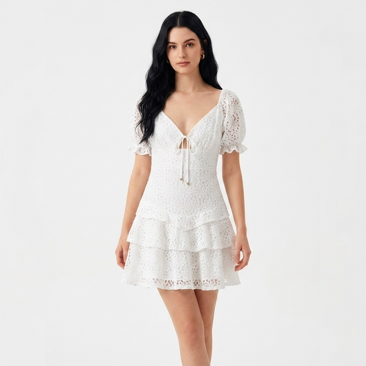V-Neck Puff Sleeve Tie Lace Tiered Mini Dress | White Broderie Anglaise Babydoll