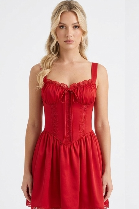 Square Neck Ruched Bust Lace-Up Corset Mini Dress | A-Line Babydoll