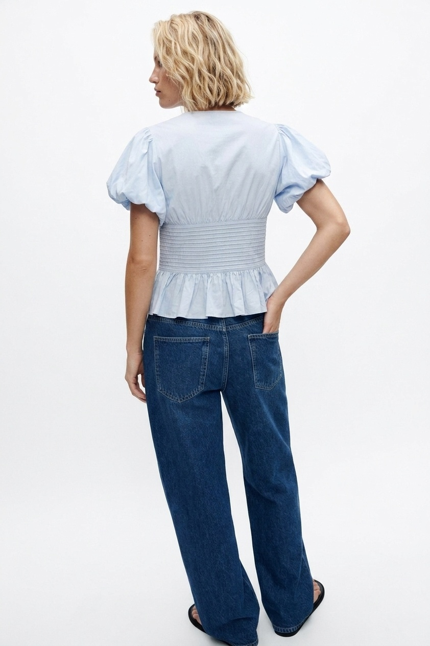 Round Neck Puff Sleeve Smocked Blouse | Pleated Peplum Top