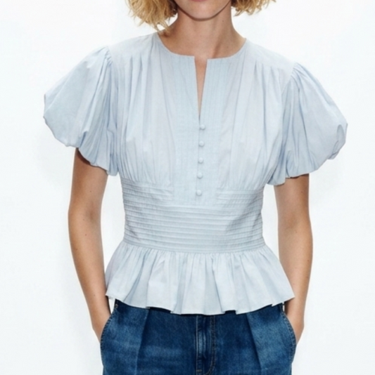 Round Neck Puff Sleeve Smocked Blouse | Pleated Peplum Top