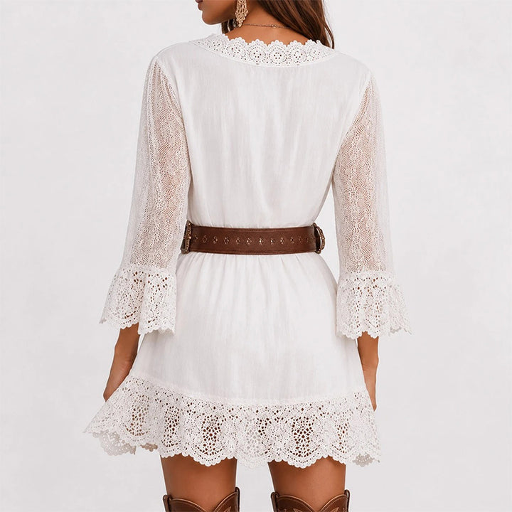 Bell-sleeve V-neck lace-trimmed dress