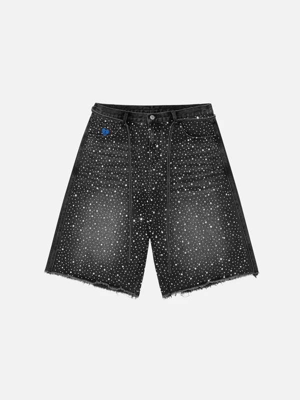 Rhinestone Denim Jorts, Oversized Baggy Bermuda Shorts with Raw Hem