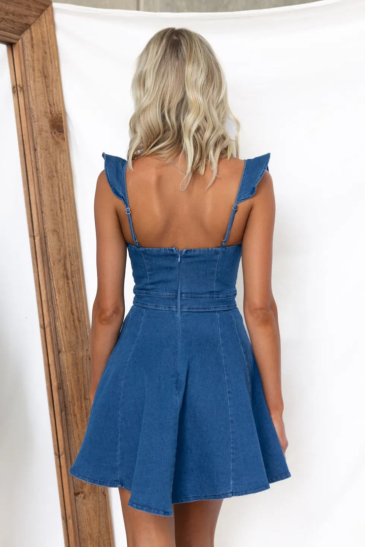 Square Neck Ruffle Strap Fit-and-Flare Denim Mini Dress