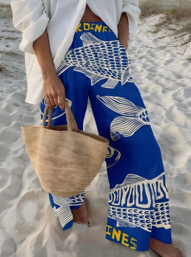 Vintage Blue Fish Print Elastic Waist Wide Leg Beach Pants With Pocket