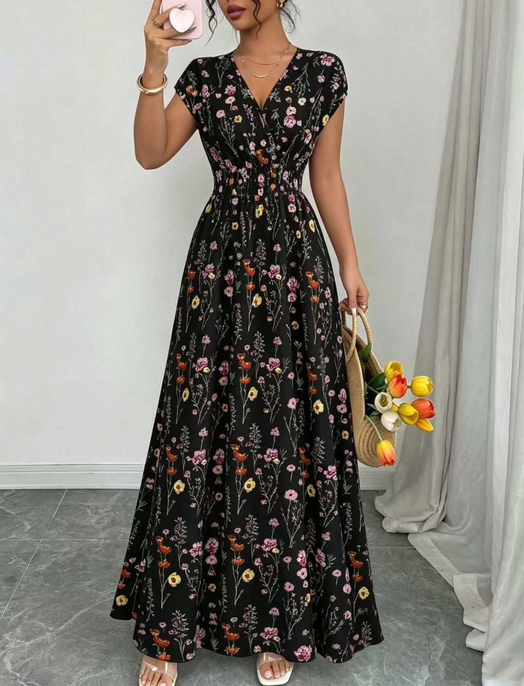 Floral Print Smocked Waist Maxi Dress