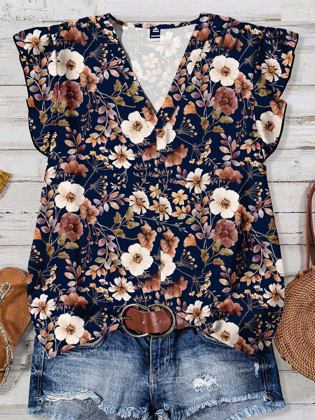 Watercolor Floral Print V-Neck Ruffle Sleeve Blouse
