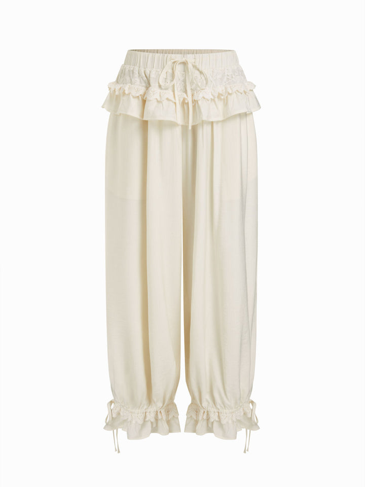 French Lace Trim Camisole + Harem Pants Set | Cream Crinkle Romantic Two-Piece
