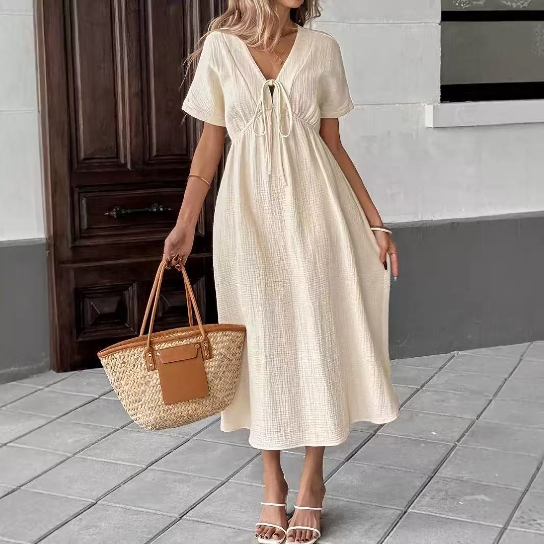 Crinkle Texture Tie Front V Neck Short Sleeve Midi Swing Dress With Pockets