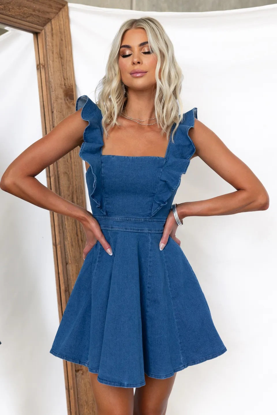 Square Neck Ruffle Strap Fit-and-Flare Denim Mini Dress