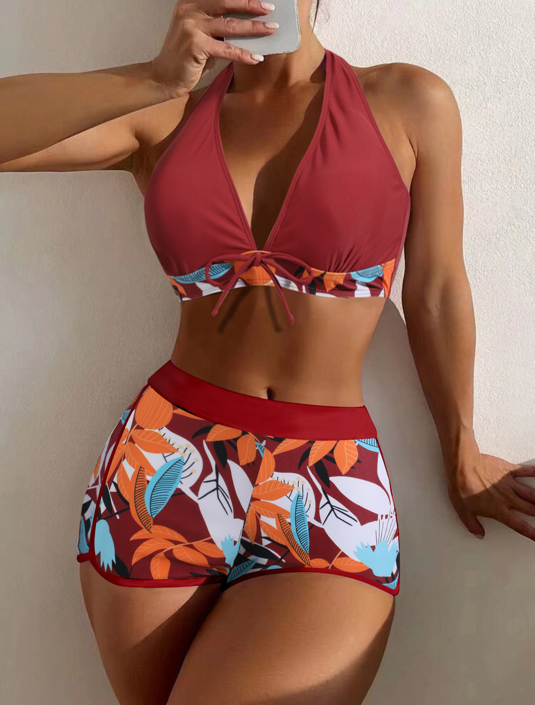 Tropical Print Halter Bikini Top &amp;amp; High-Waisted Swim Shorts Set