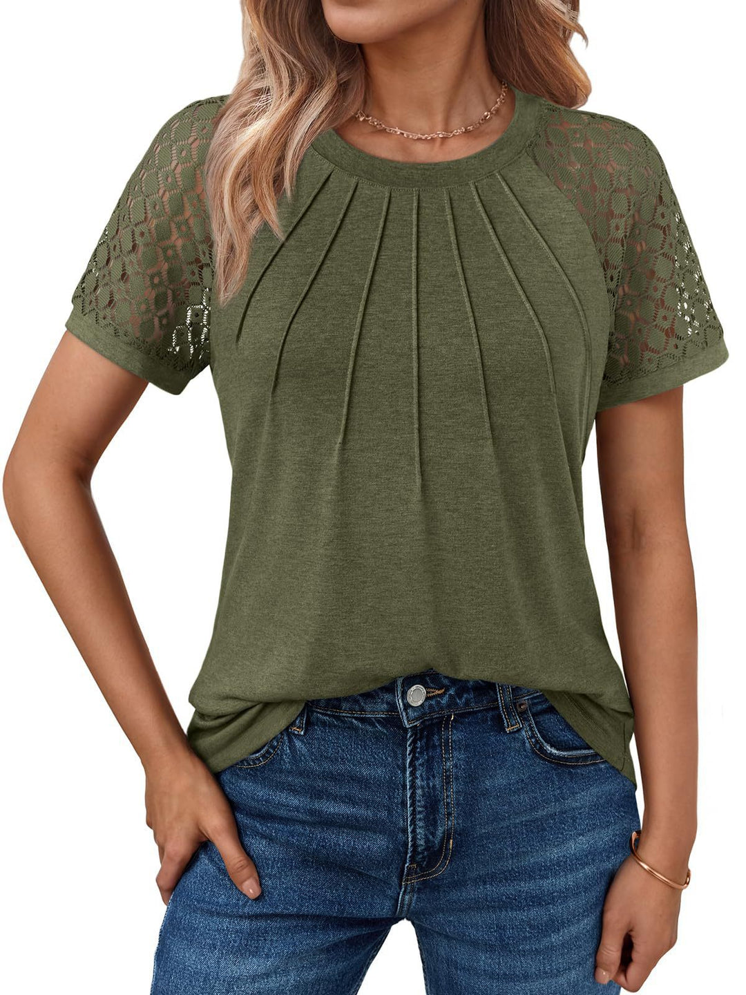 Olive Lace Sleeve Pleated Front Blouse