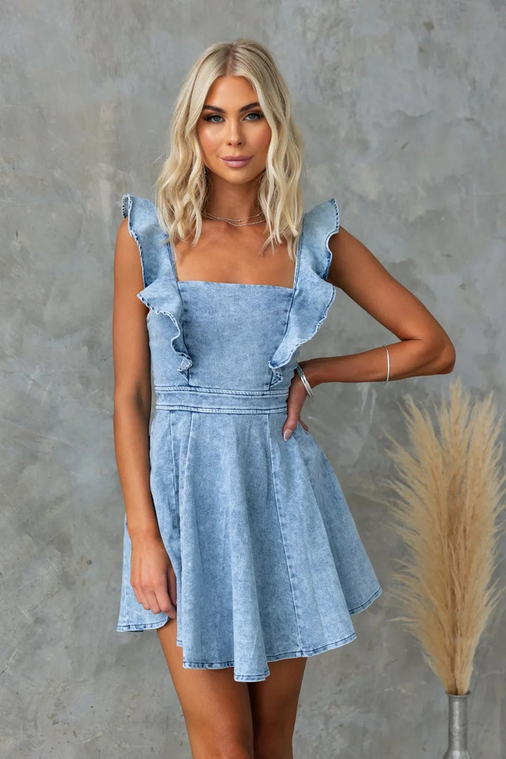 Square Neck Ruffle Strap Fit-and-Flare Denim Mini Dress